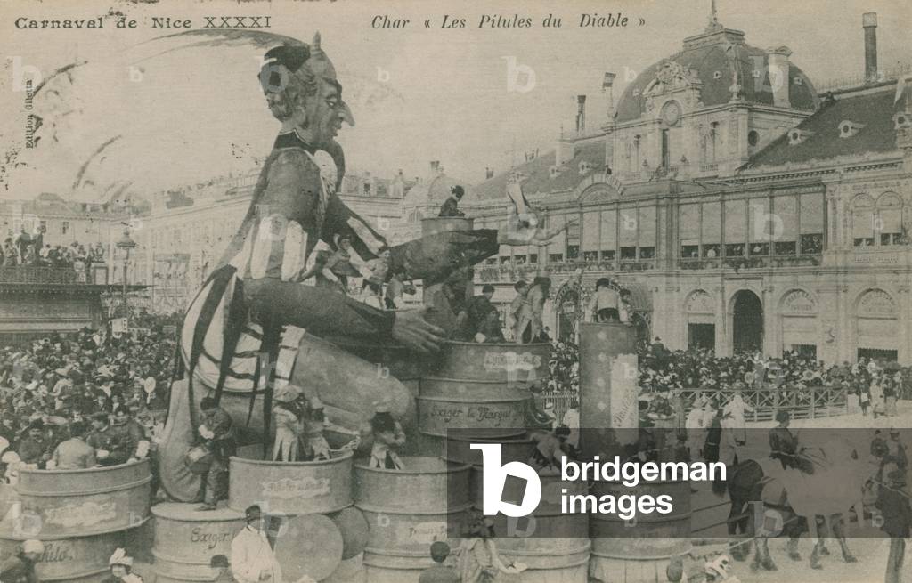 Carnaval de Nice, Char, Les Pilules du Diable.  Postcard sent in 1913.