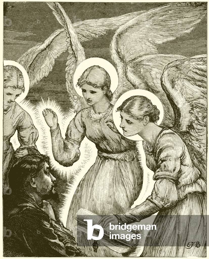 Christian and the Angels. Behold, three shining ones came to him, and saluted him (engraving)