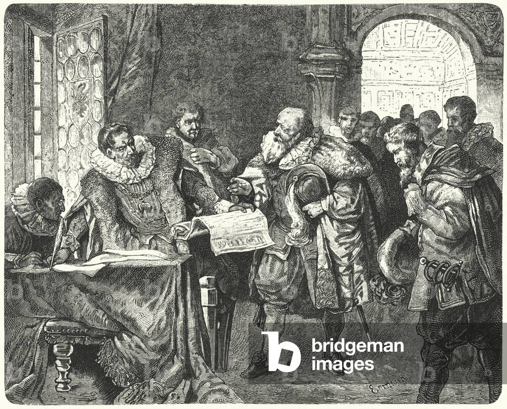The Holy Roman Emperor Rudolf II granting Bohemian Protestants greater religious freedom in his Letter of Majesty, 1609 (engraving)