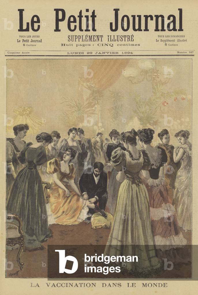 Woman being vaccinated against smallpox (colour litho)