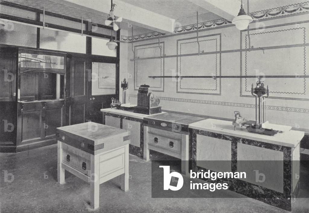 Interior showing Divided Marble Counter with Block, Entrance to Cutting-Room in Rear (b/w photo)