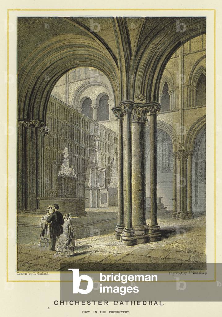 Chichester Cathedral, view in the presbytery (colour litho)