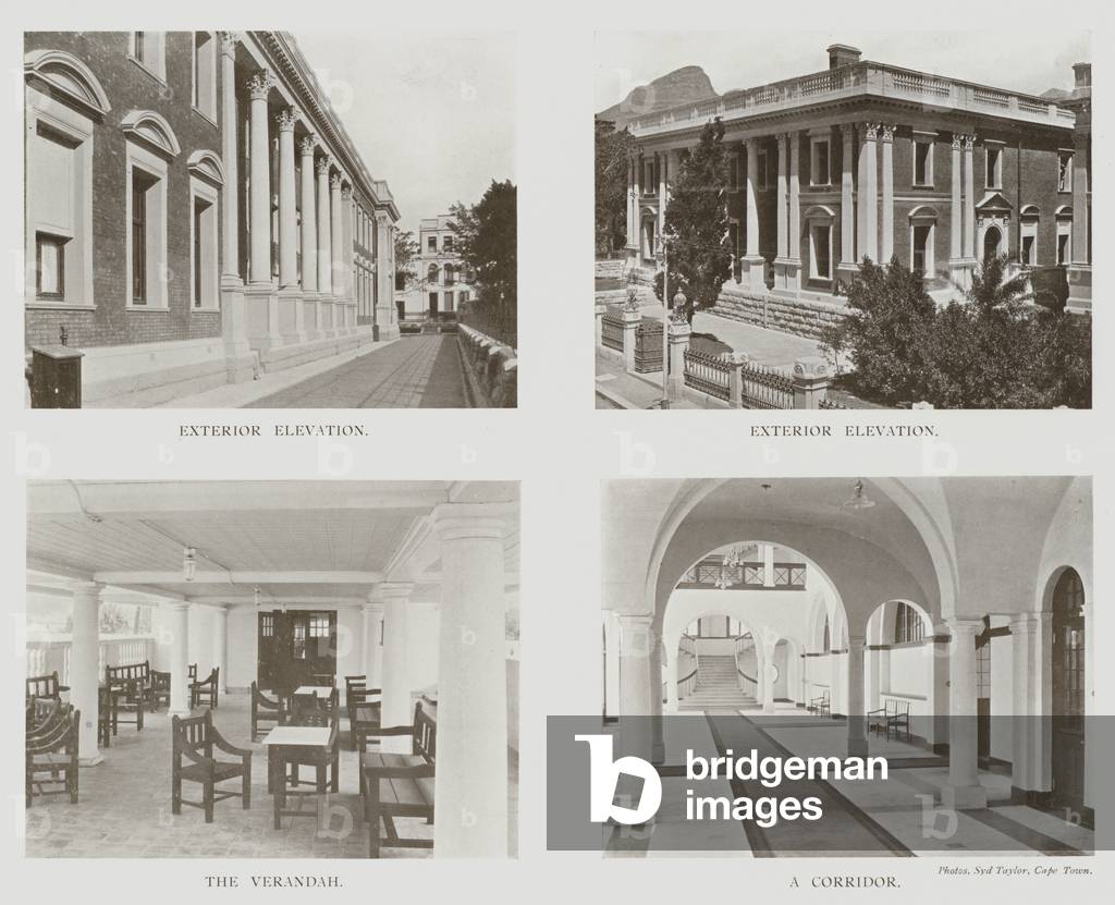 Union Houses of Parliament, Cape Town, Exterior Elevation, The Verandah, A Corridor (b/w photo)