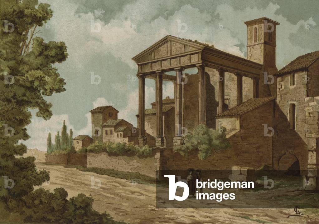 The Roman Temple of Hercules in Cori, Italy (chromolitho)