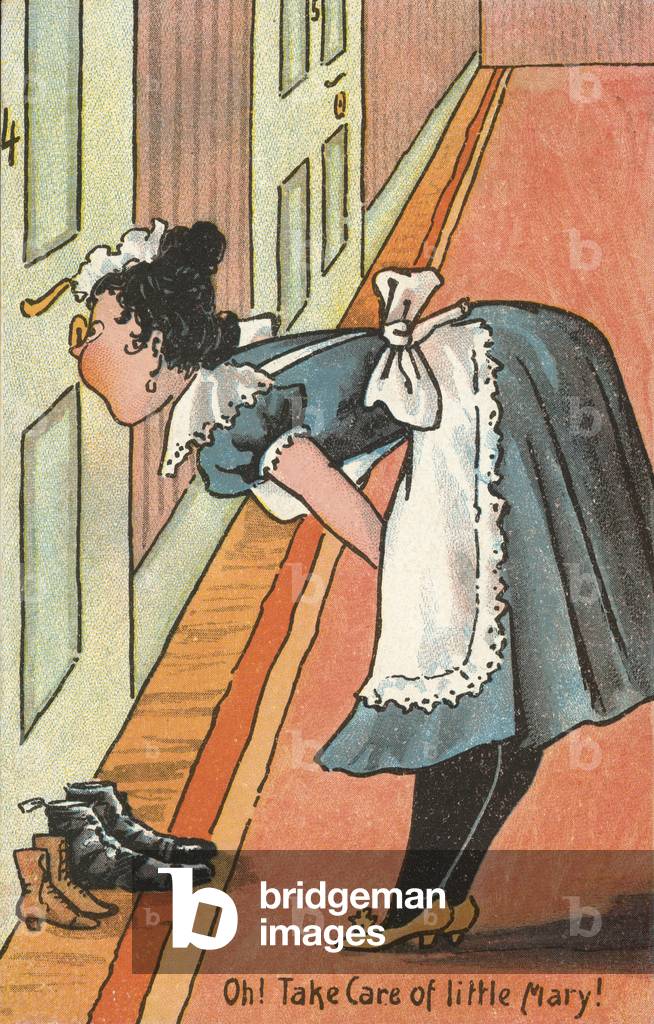 Maid spying at a keyhole (colour litho)