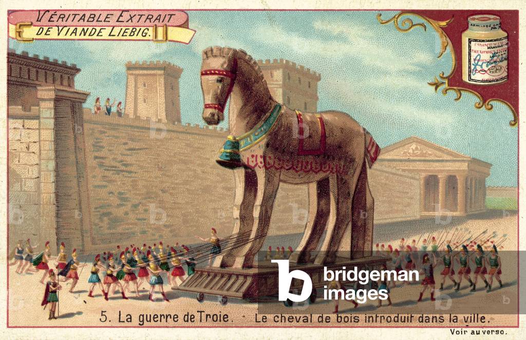 The wooden horse is brought inside the walls of Troy (chromolitho)