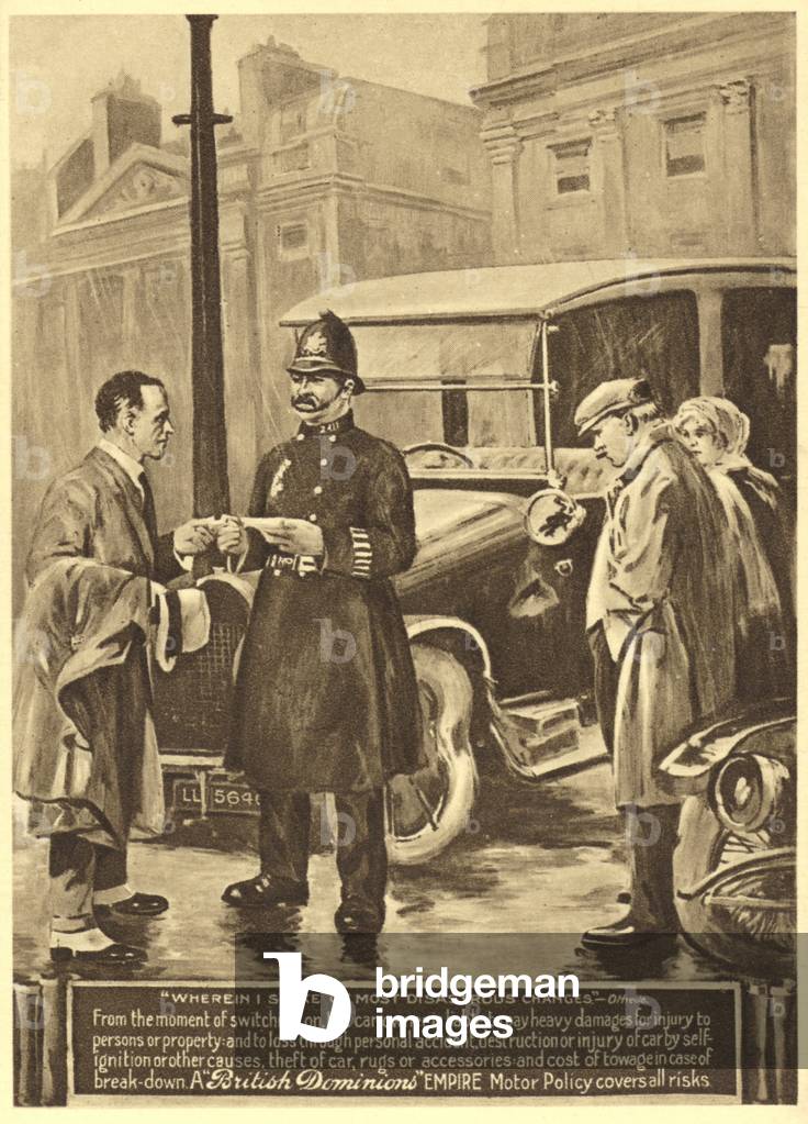 Policeman giving a motorist a ticket (litho)