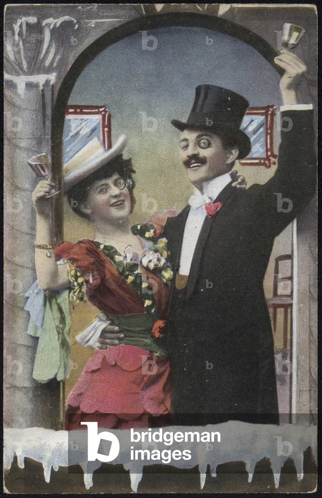 A well-dressed couple pictured laughing (colour litho)