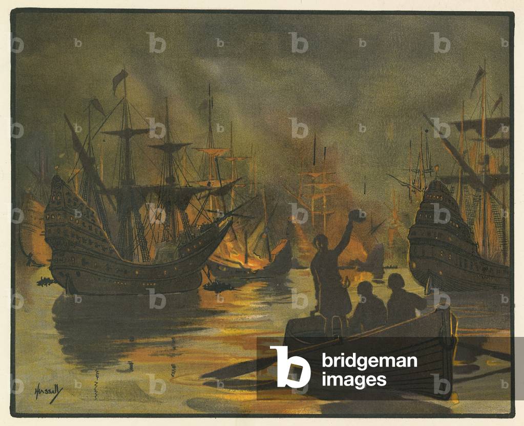 The invincible Armada attacked by fire ships (colour litho)