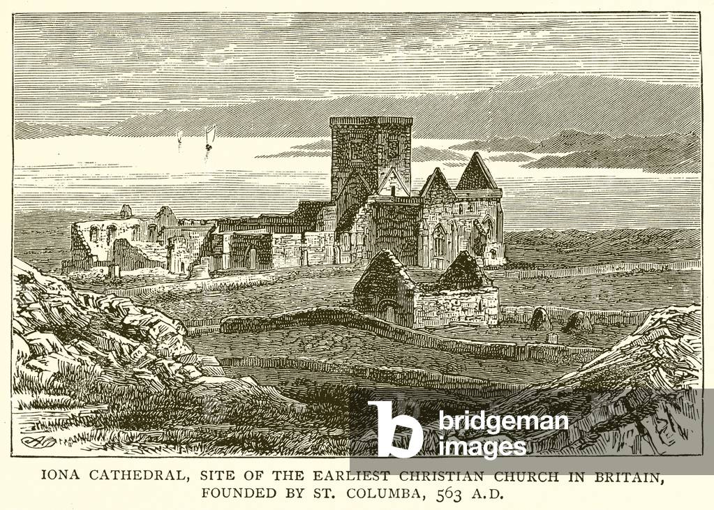 Iona Cathedral, Site of the Earliest Christian Church in Britain, founded by St. Columba, 563 A.D. (engraving)