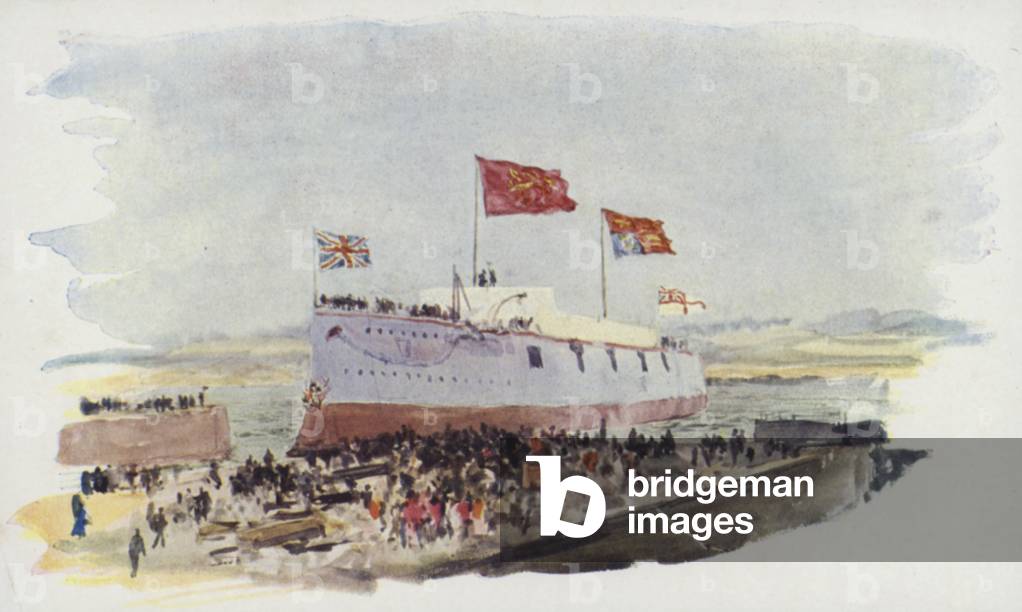 Floating out a Battleship, Chatham Dockyard (colour litho)