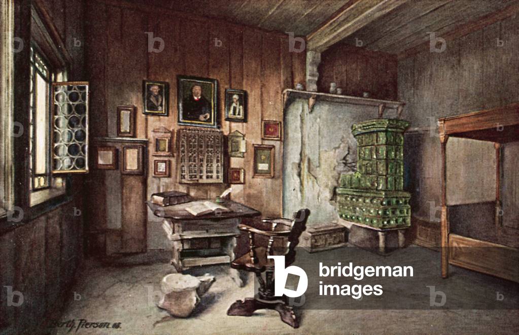 Martin Luther's study in the Wartburg, Eisenach, Germany (colour litho)