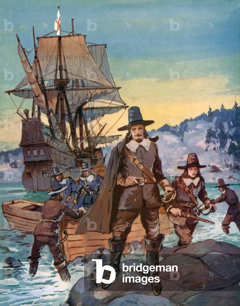The Mayflower and the Pilgrim Fathers (colour litho)