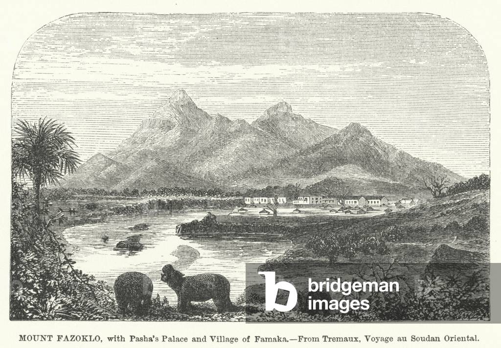 Mount Fazoklo, with Pasha's Palace and Village of Famaka (engraving)