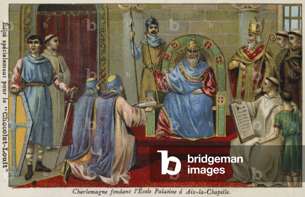 Charlemagne founding the Palatine School at Aachen, late 8th Century (chromolitho)