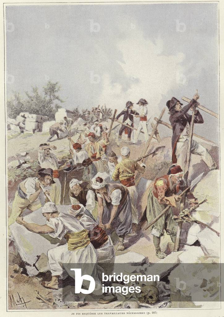 Soldiers and civilians building a barricade (colour litho)
