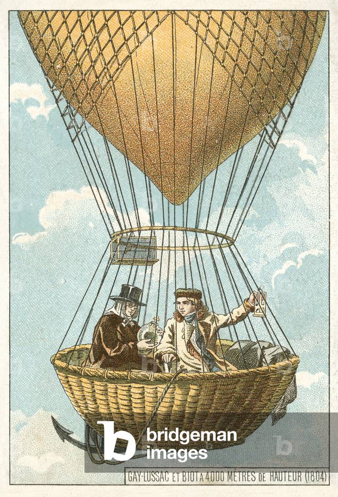 Joseph Louis Gay-Lussac and Jean-Baptiste Biot in a balloon at an altitude of 4000 metres, 1804 (chromolitho)