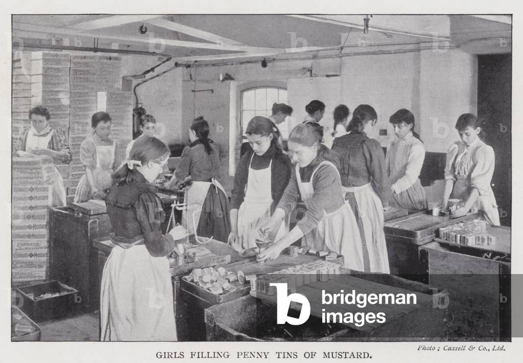 Girls filling penny tins of mustard (b/w photo)