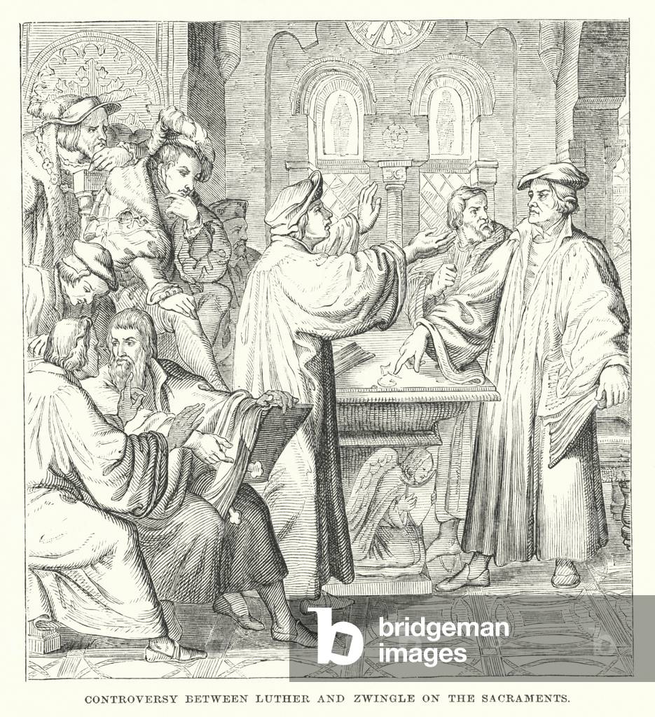 Controversy between Luther and Zwingle on the sacraments (engraving)
