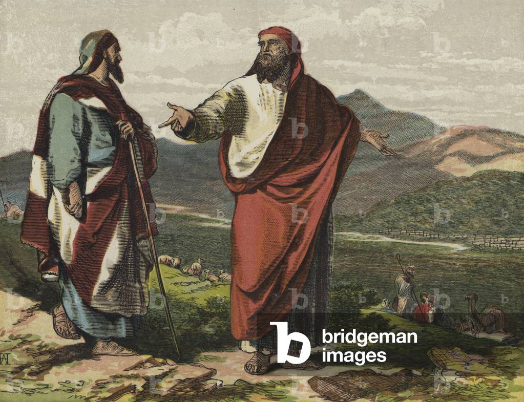 Abraham and Lot dividing the land (colour litho)