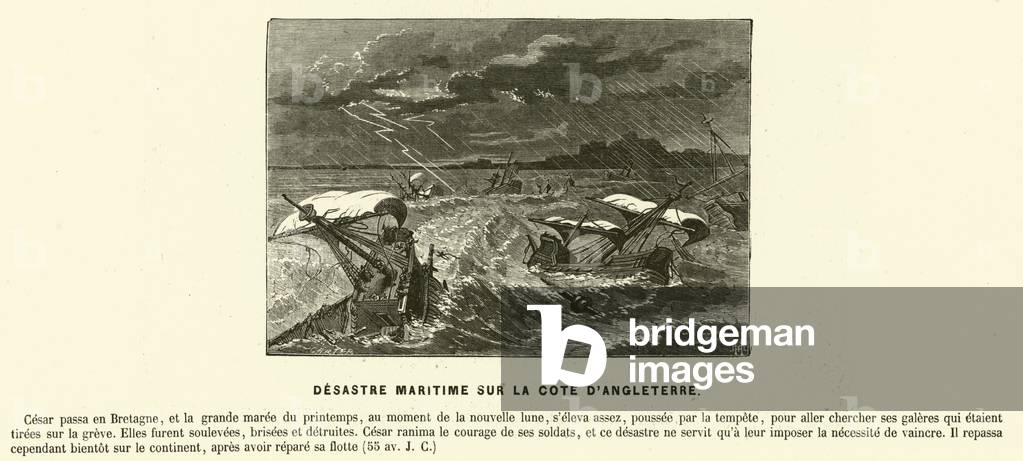 Julius Caesar's fleet wrecked on the coast of England, 55 BC (engraving)