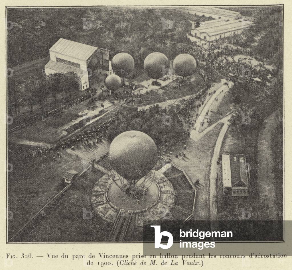 Vue du parc de Vincennes prise en ballon pendant les concours d'aerostation de 1900, (Cliche de M de La Vaulx) (engraving)