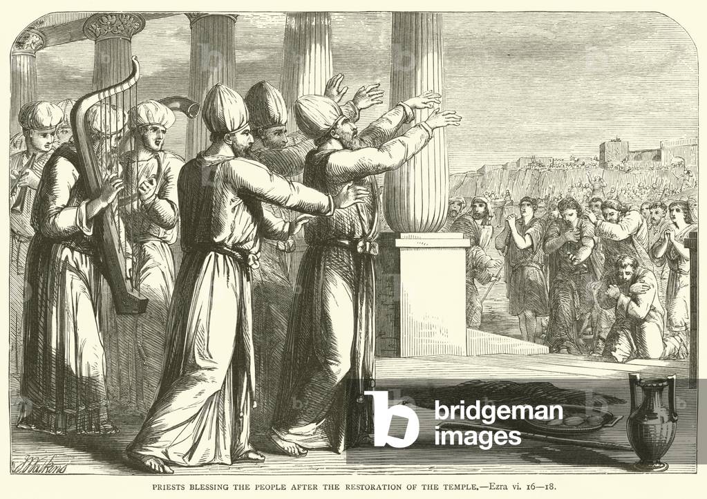 Priests blessing the people after the restoration of the temple, Ezra, vi, 16-18 (engraving)