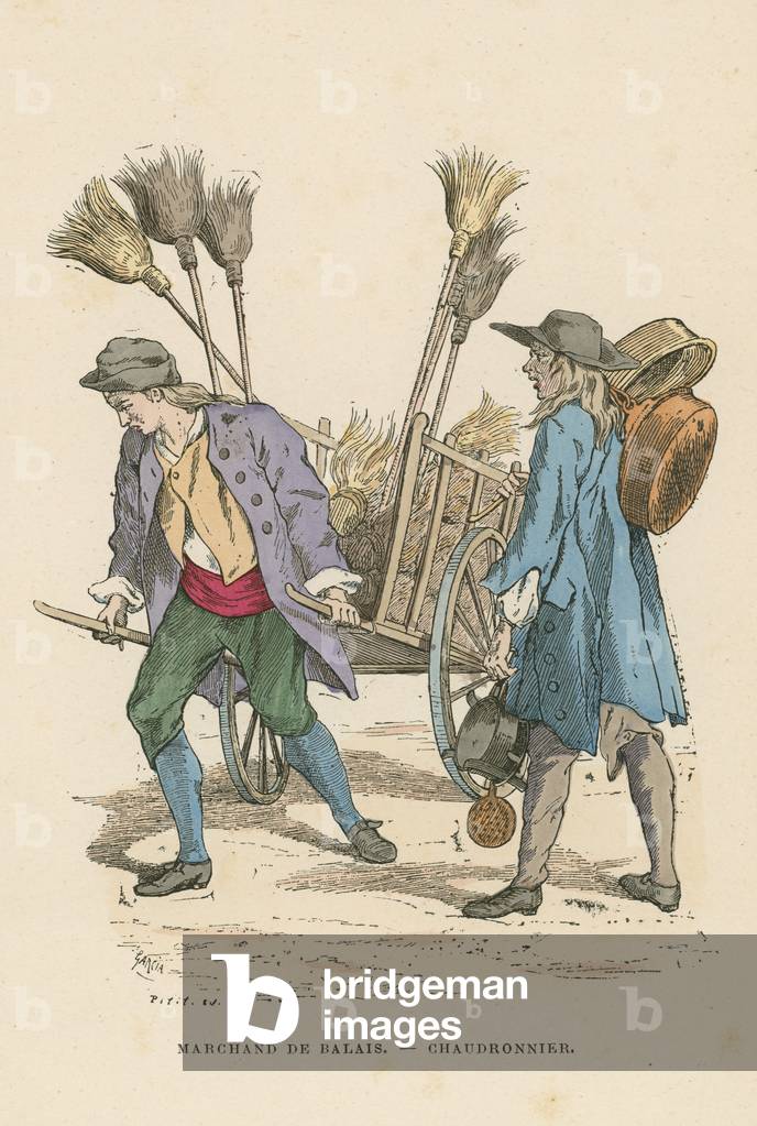Brush seller and coppersmith (coloured engraving)
