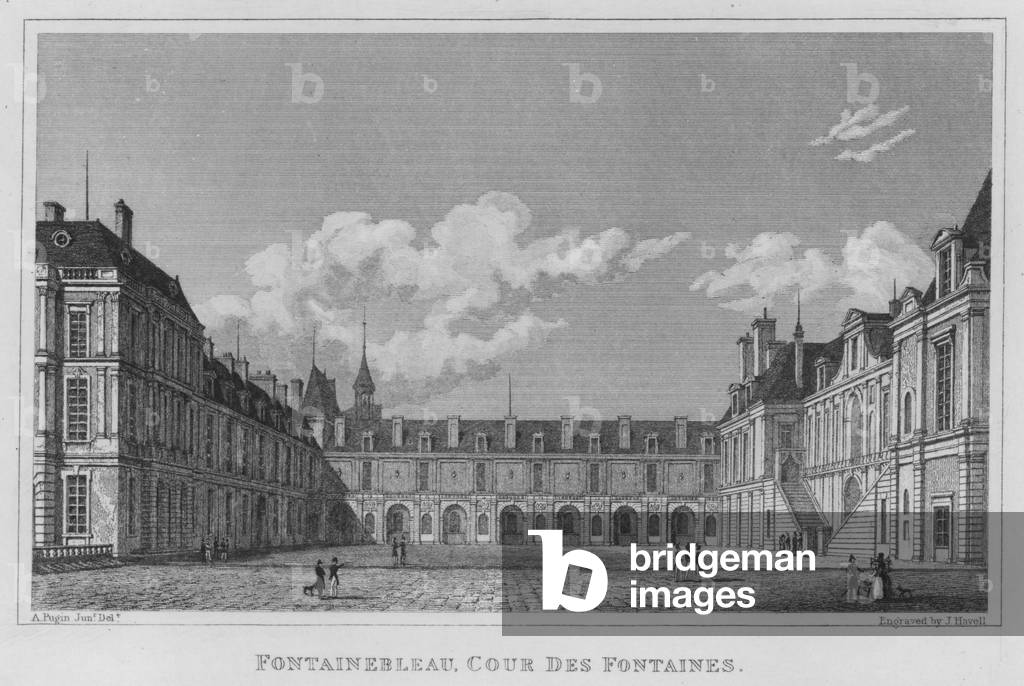 Paris, Fontainebleau, Cour Des Fontaines (engraving)