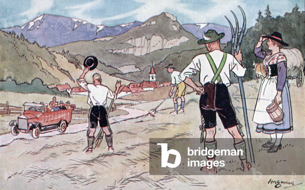 Heuernte im Tirol (hay harvest in the Tyrol) (colour litho)