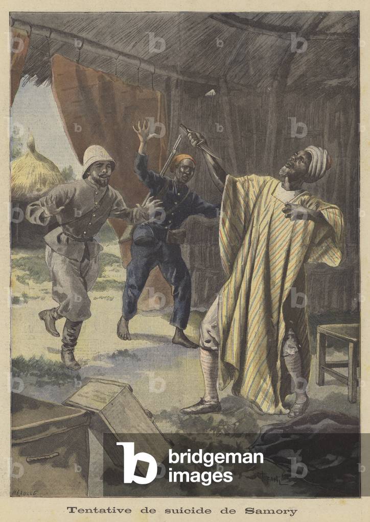 Suicide attempt by Samory Toure (colour litho)
