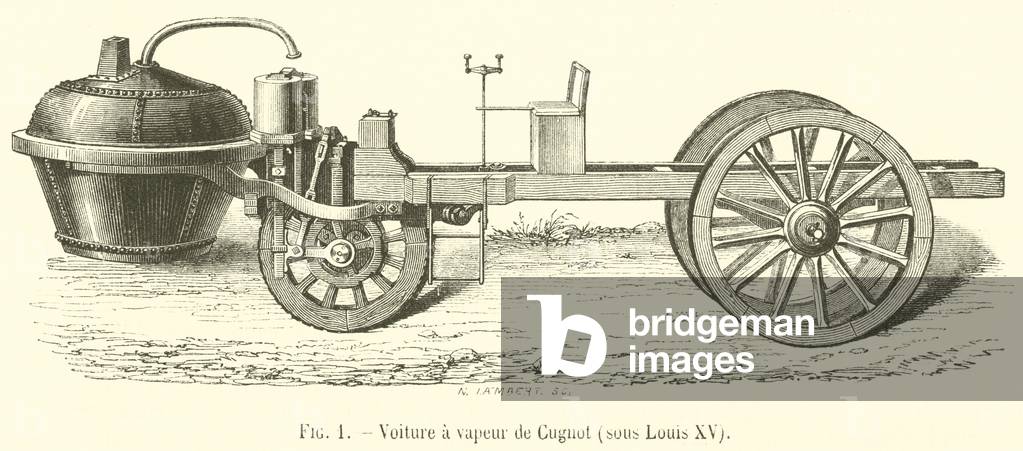 Voiture a vapeur de Cugnot, sous Louis XV (engraving)