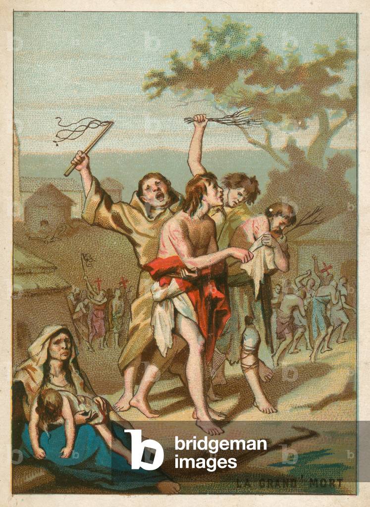 Men, women and children being whipped by monks (chromolitho)