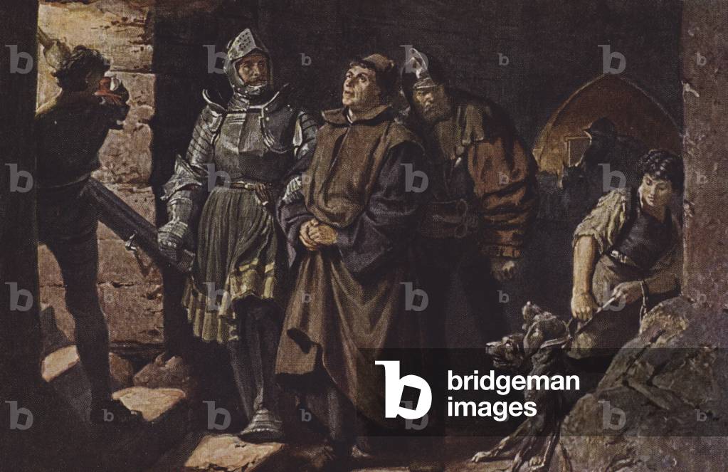 Hans von Berlepsch and Burckhardt Hund von Wenckheim escort Martin Luther to Wartburg Castle. (colour litho)