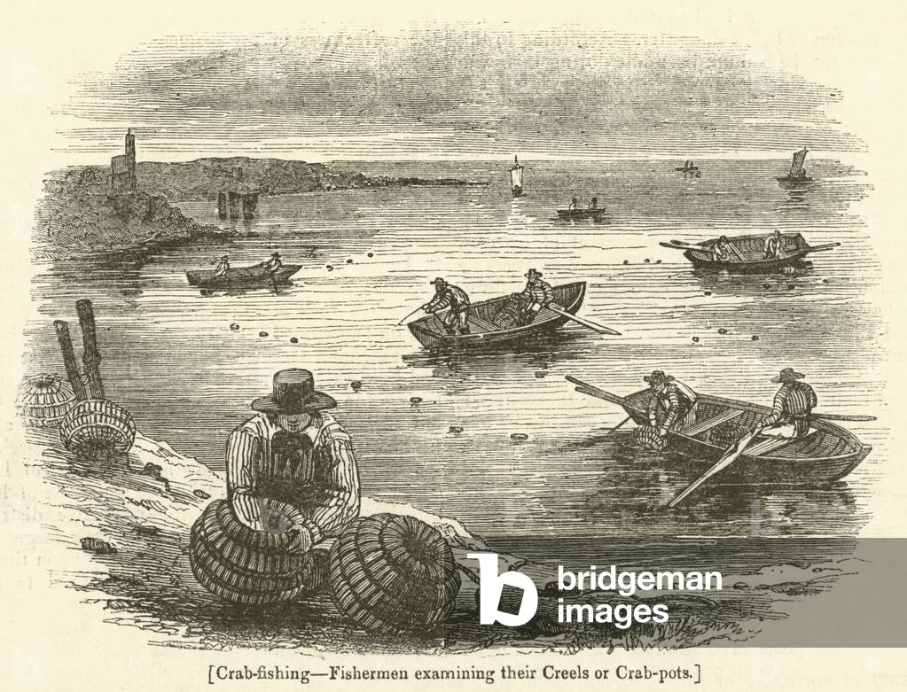Crab-fishing, Fishermen examining their Creels or Crab-pots (engraving)