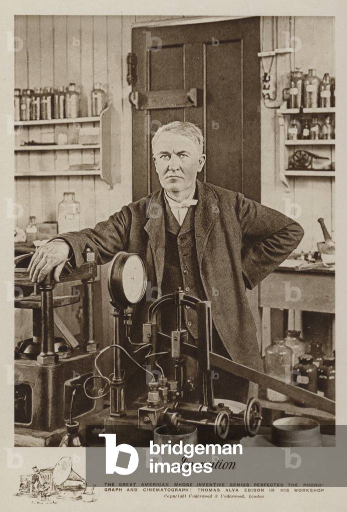 Invention, Thomas Alva Edison in his workshop (b/w photo)