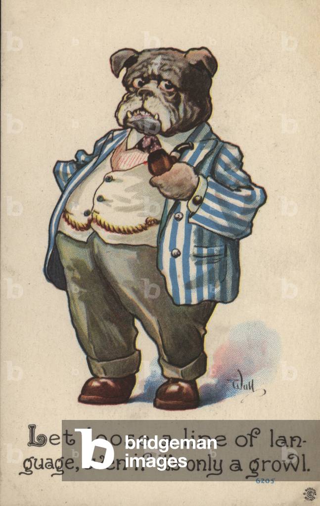 Bulldog dressed as a gentleman (colour litho)