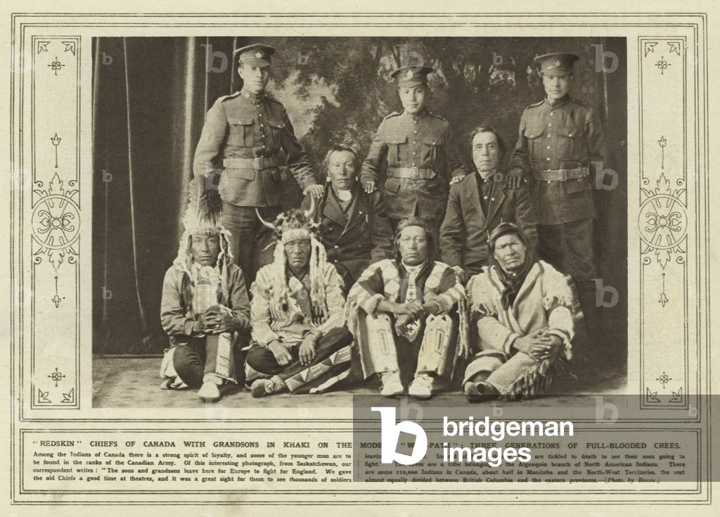 Redskin Chiefs of Canada with grandsons in khaki on the modern war-path, three generations of full-blooded crees (b/w photo)