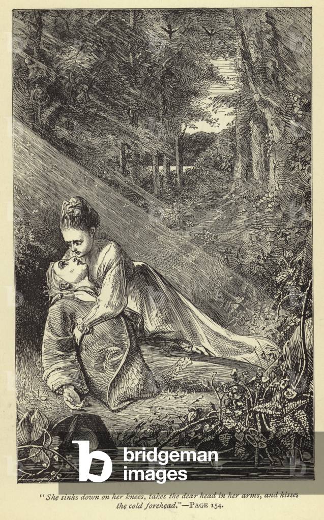 She sinks down on her knees, takes the dear head in her arms, and kisses the cold forehead (engraving)