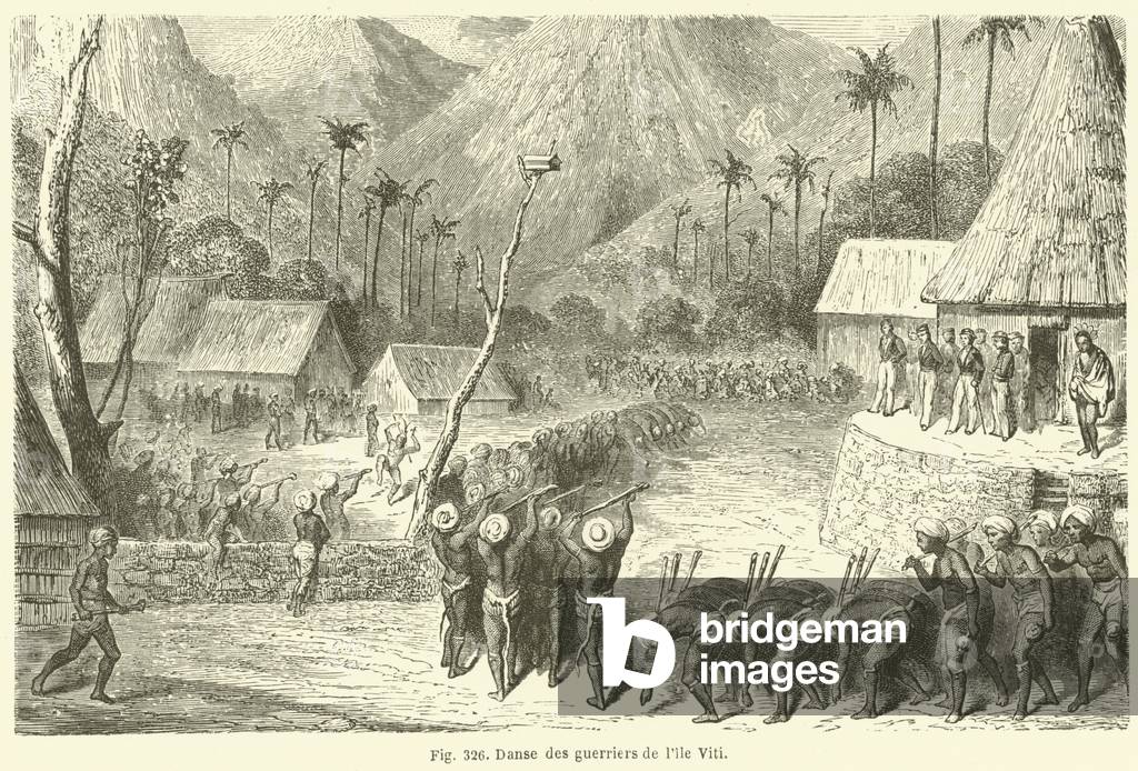 Warriors Dance before European Visitors in the 1850s from the Viti island, 19th century (engraving)