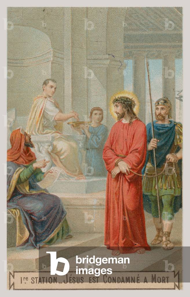 Jesus is condemned to death. The first Station of the Cross (chromolitho)
