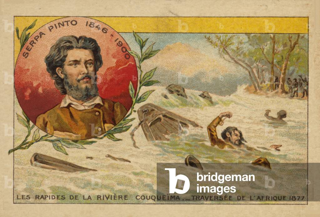 Alexandre de Serpa Pinto (1846-1900) struggling through the rapids of the Cuando River while crossing Africa in 1877 (chromolitho)