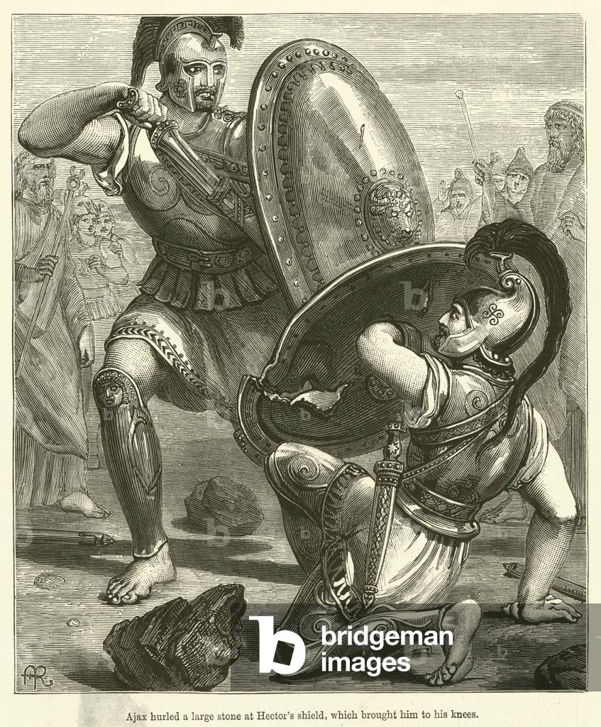 Ajax hurled a large stone at Hector's shield, which brought him to his knees (engraving)