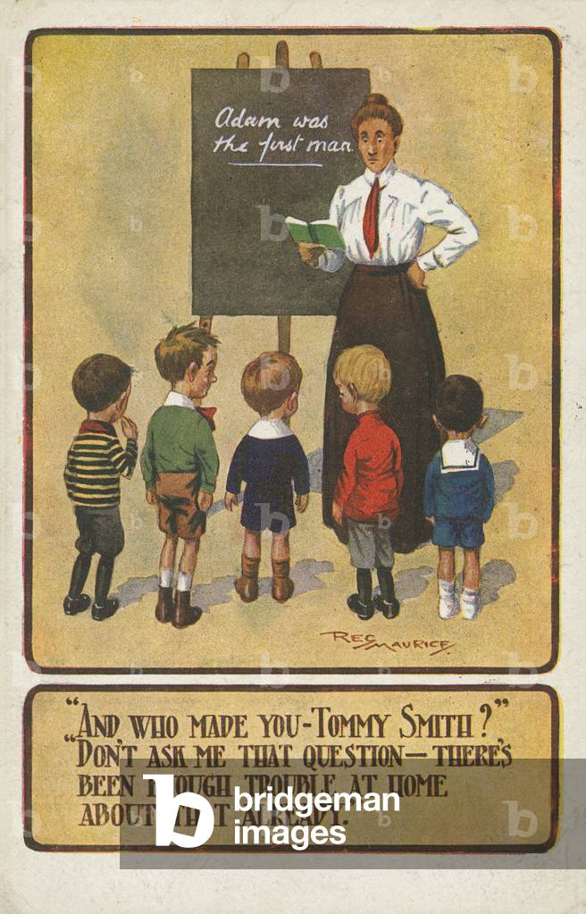 Schoolteacher teaching her pupils about Adam (colour litho)