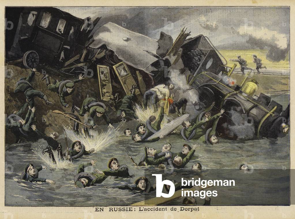 Rail accident at Dorpat, Russia, 1897 (colour litho)