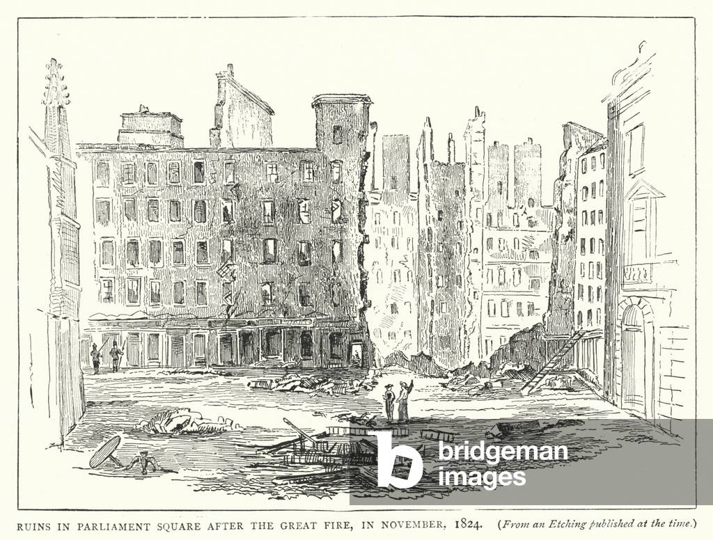 Ruins in Parliament Square after the Great Fire, in November, 1824 (engraving)