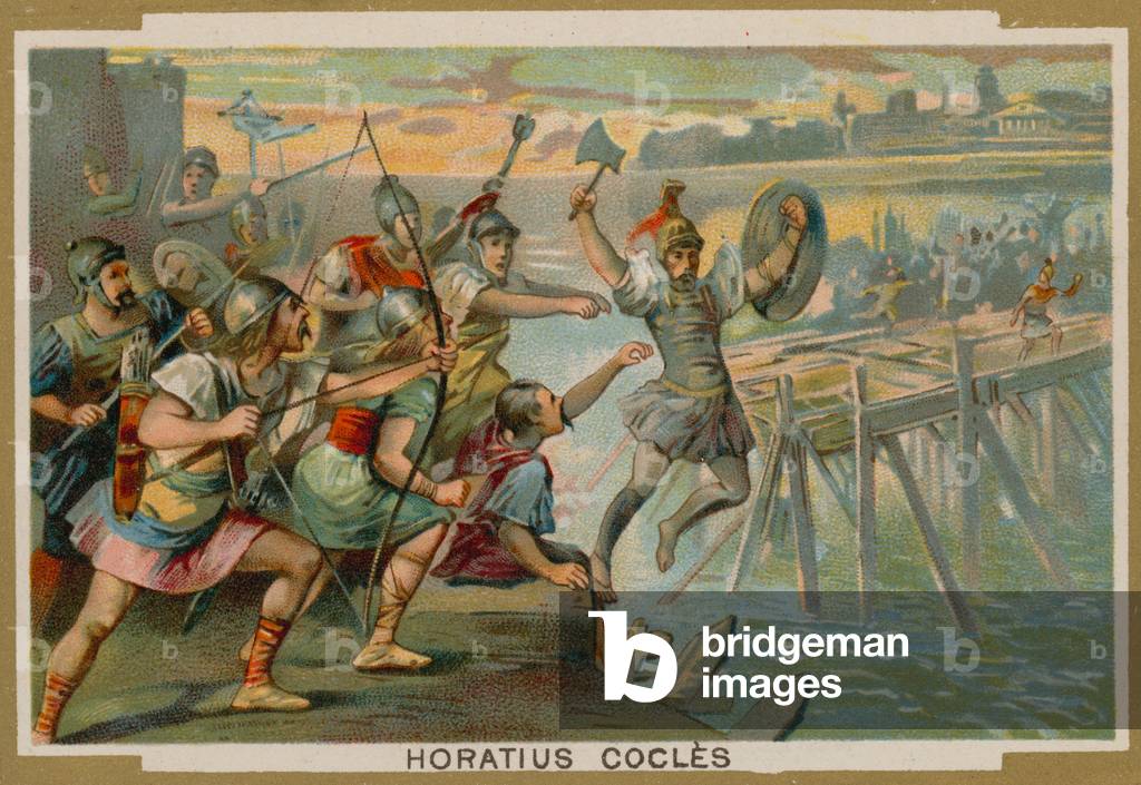 Horatius Cocles, Roman soldier, defending the Pons Sublicius against the invading army of the king of Clusium, 6th Century BC (chromolitho)