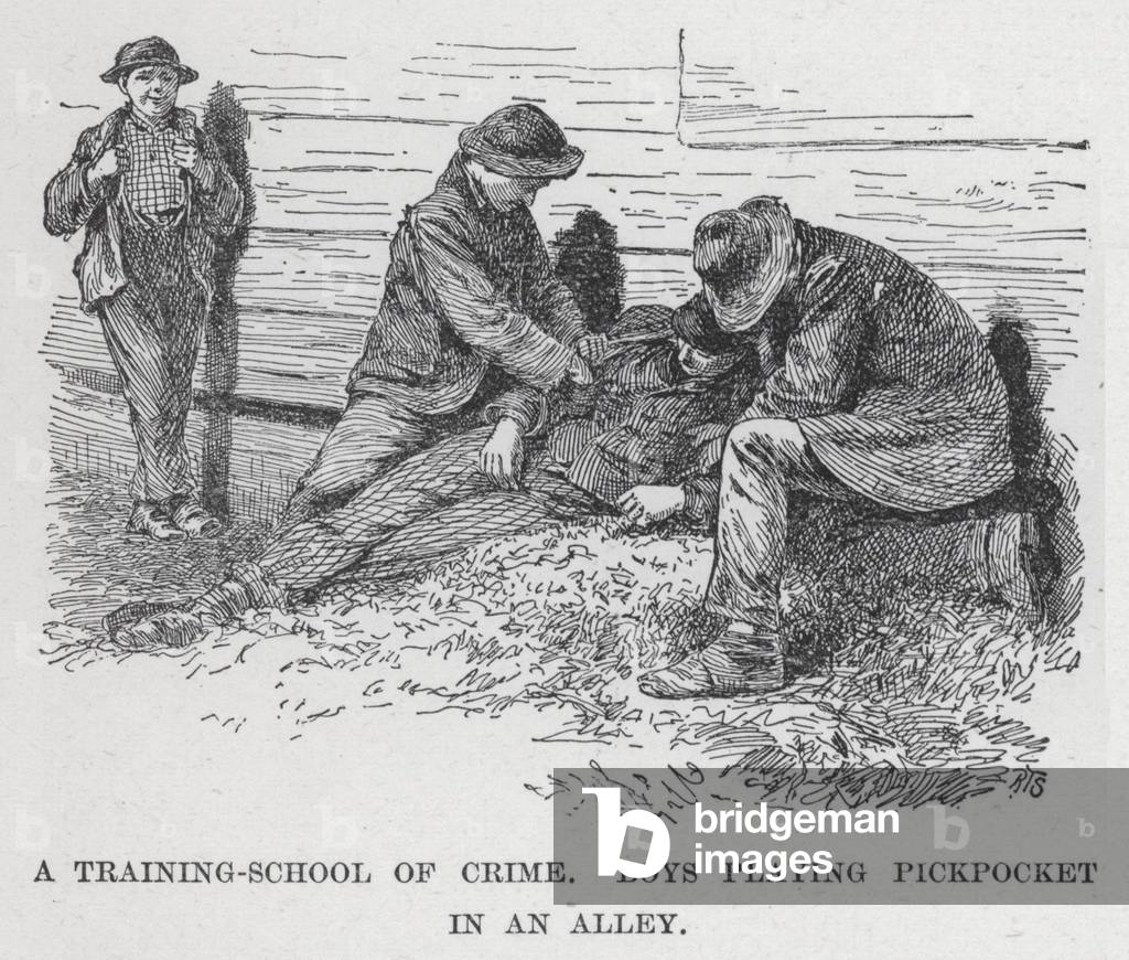A Training-School of Crime, Boys playing Pickpocket in an Alley (litho)