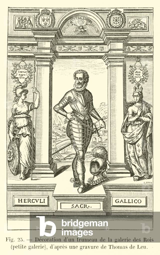 Decoration d'un trumeau de la galerie des Rois, petite galerie, d'apres une gravure de Thomas de Leu (engraving)