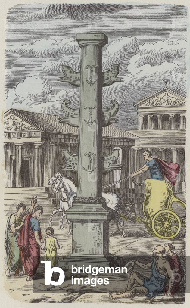 Column commemorating a Roman naval victory (coloured engraving)